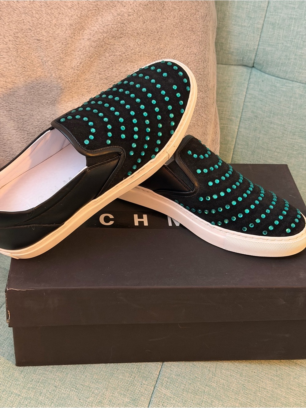 Richmond Black Slip-On Loafers with Teal Studs
